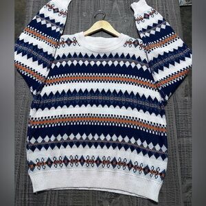 The Men's Store Navy, White, and Orange Patterned Sweater